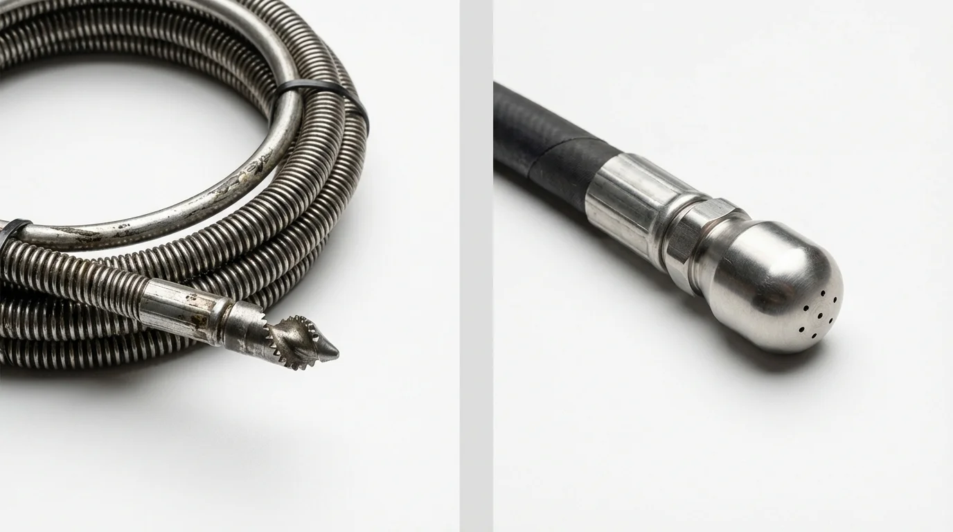 Drain snake cable and hydro jetting nozzle used for drain cleaning in Melville, NY