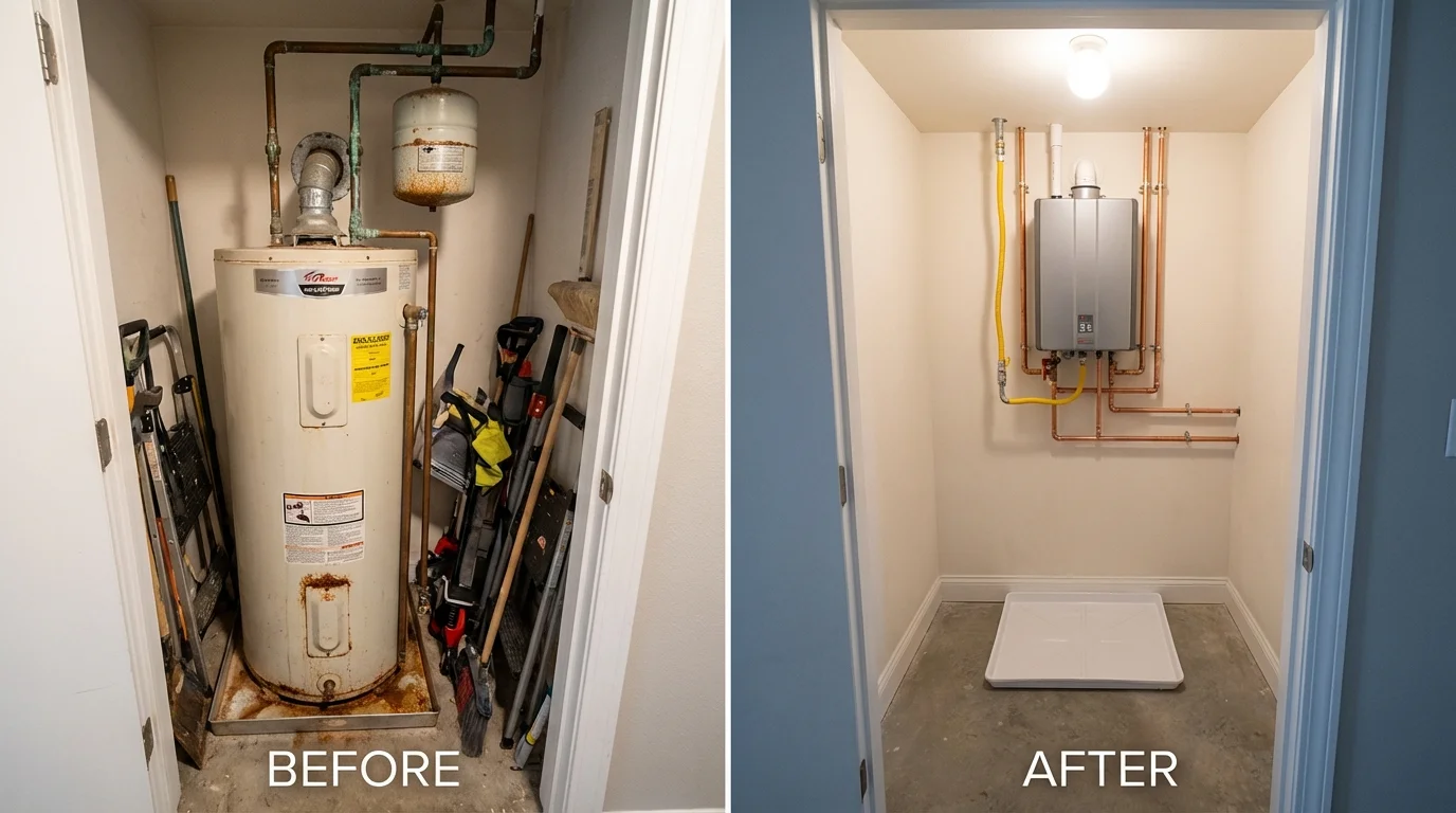 Tank water heater versus wall-mounted tankless unit comparison for Melville, NY homeowners