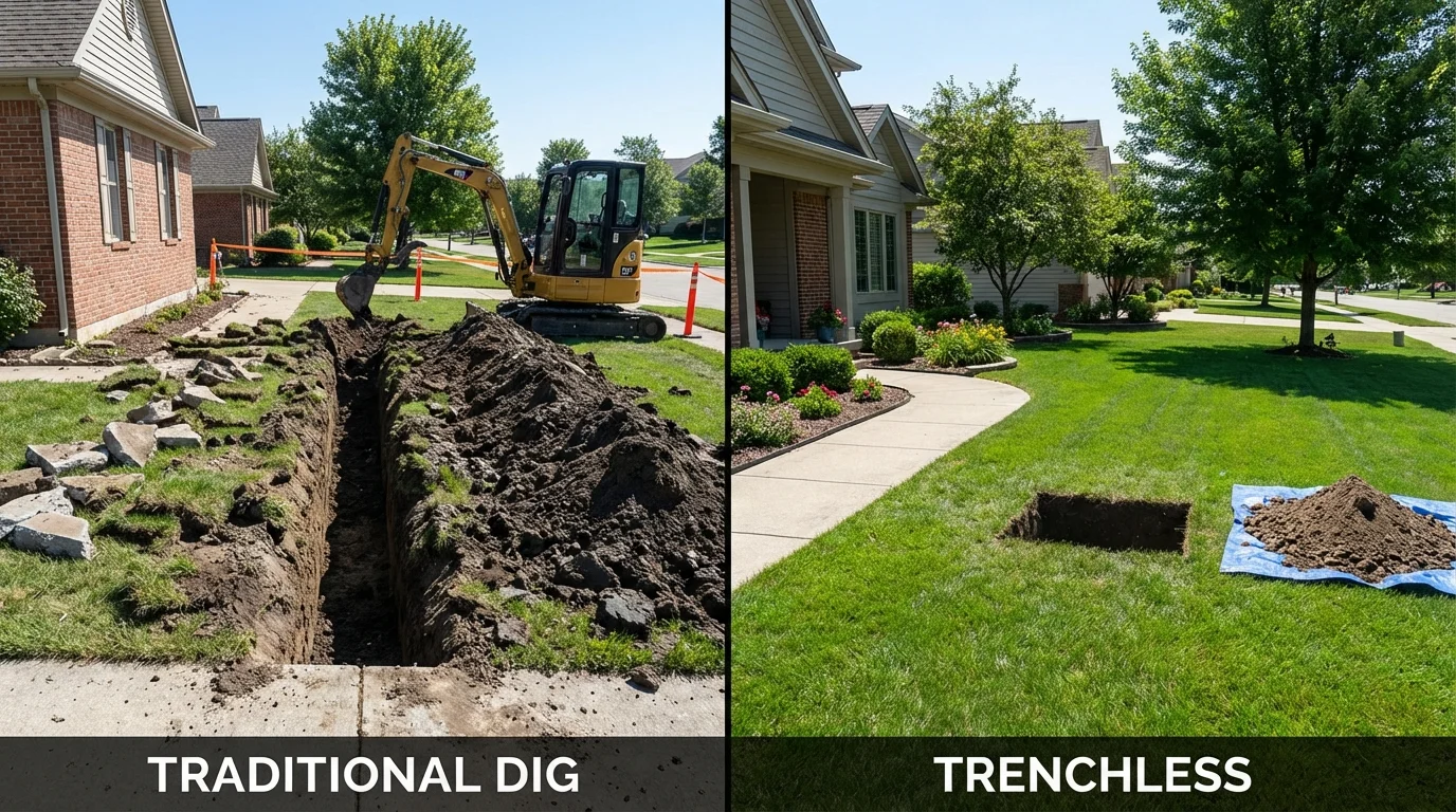 Trenchless sewer repair with minimal yard damage versus traditional excavation in Melville, NY