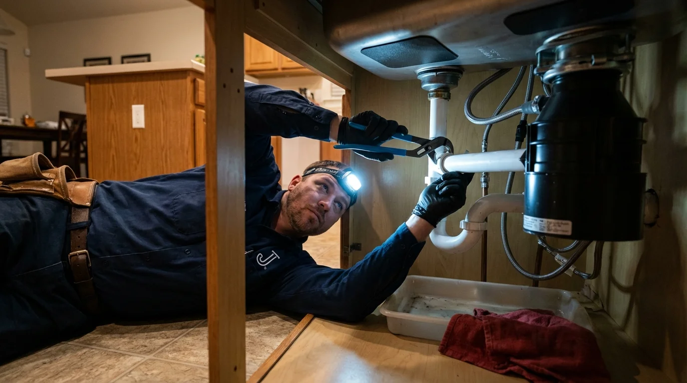 P-trap and supply line connections under a kitchen sink showing a common leak point in Melville, NY